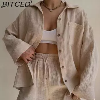 BITCED женская рубашка с длинными рукавами из ткани с рюшами и лацканами, шорты с высокой талией и шнурком, модный повседневный комплект из двух предметов