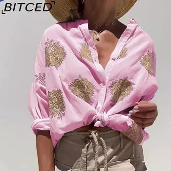 BITCED Женская рубашка с осенним графическим принтом и длинным рукавом, воротником-поло, застегивающаяся на пуговицы S белый