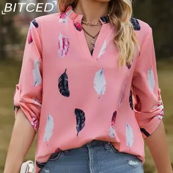 BITCED Женская свободная рубашка с V-образным вырезом и принтом перьев, рукавом семь четвертей S чёрный