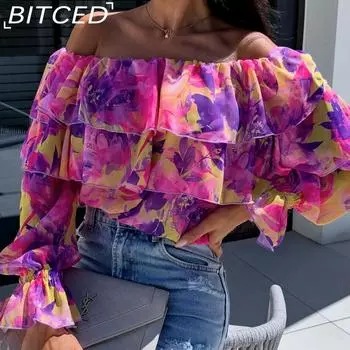 BITCED Женская рубашка весна-осень сексуальная модная с одним вырезом без бретелек с принтом S фиолетовый