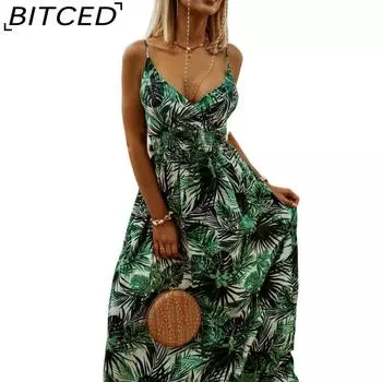 BITCED Женские богемные длинные платья без рукавов с v-образным вырезом и бретелькой на шее S белый