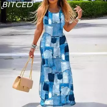 BITCED Женские летние модные принтованные платья без рукавов с круглым вырезом S синий