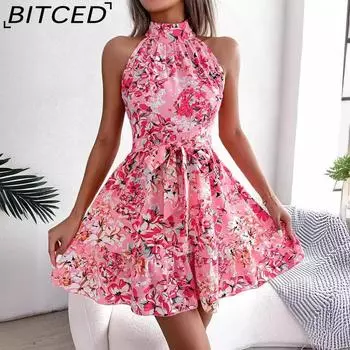 BITCED Женские летние платья без рукавов с цветочным принтом и подвесной талией S розовый