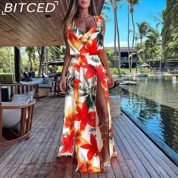 BITCED Женские летние платья без рукавов с V-образным вырезом и разрезом по подолу S красный