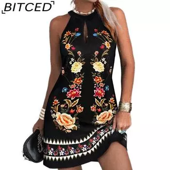 BITCED Женские летние платья без рукавов с вырезом-стойкой и принтом S разноцветный