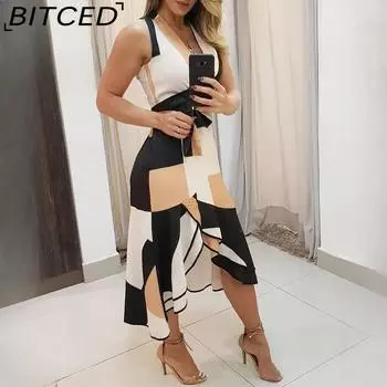 BITCED Женские летние платья без рукавов с V-образным вырезом и ярким принтом S жёлтый