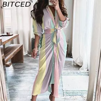 BITCED Женские летние платья с длинным рукавом и V-образным вырезом, на пуговицах, с принтом, длинные платья S белый