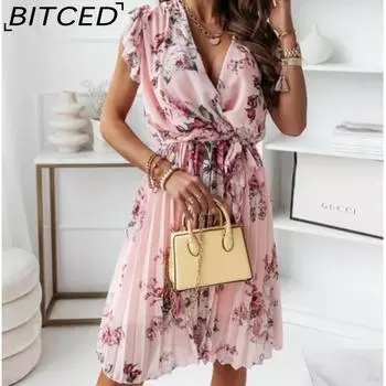 BITCED Женские летние платья с коротким рукавом, V-образным вырезом и цифровой печатью S розовый