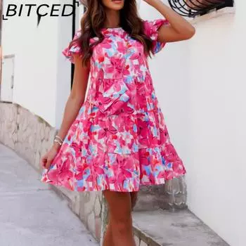 BITCED Женские летние платья с расклешенными рукавами, короткими рукавами, круглым вырезом, принтом и неровным подолом S синий