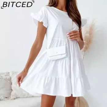 BITCED Женские летние свободные платья с расклешенными рукавами и круглым вырезом, неровным подолом S белый