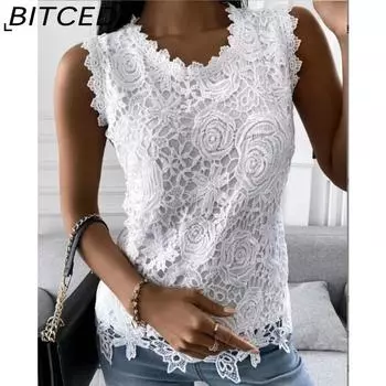 BITCED Женские летние топы, жилет, кружевная рубашка S белый