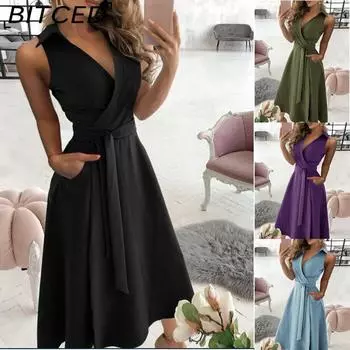 BITCED Женские летние весенние модные однотонные без рукавов с V-образным вырезом и талией, элегантные платья S фиолетовый