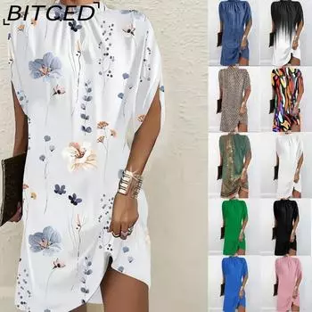 BITCED женские модные летние весенние однотонные повседневные платья с коротким рукавом и v-образным вырезом и высокой талией