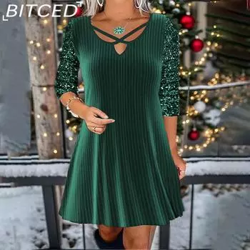 BITCED Женские модные однотонные повседневные платья с v-образным вырезом и длинными рукавами, расшитые бисером S красный