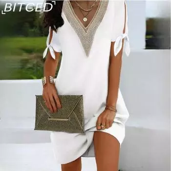 BITCED Женские модные платья Craft с разрезом на рукаве и бантом, однотонные, с вырезом на горловине, кружевные платья S белый