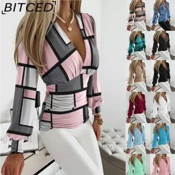 BITCED Женская мода повседневные летние однотонные принтованные блузки и рубашки с коротким рукавом и V-образным вырезом S чёрный