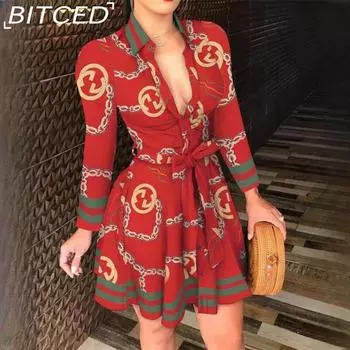 BITCED Женские модные сексуальные платья с v-образным вырезом и длинными рукавами с принтом S темно-синий