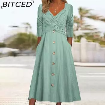 BITCED женские однотонные повседневные платья с длинными рукавами и v-образным вырезом на пуговицах, длинные платья S белый