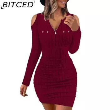 BITCED Женские осенне-зимние однотонные платья с застежкой-молнией и V-образным вырезом, облегающие, с длинным рукавом, тонкие и сексуальные S чёрный