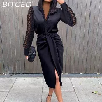 BITCED Женские осенне-зимние кружевные платья с V-образным вырезом и длинными рукавами, приталенные до бедер S белый