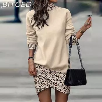 BITCED Женские осенние платья с длинным рукавом и высоким воротом с принтом S белый/чёрный