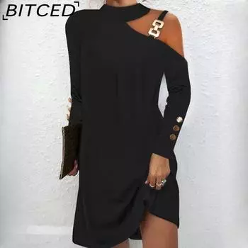 BITCED Женские осенние простые платья с металлическими пуговицами на шее S чёрный