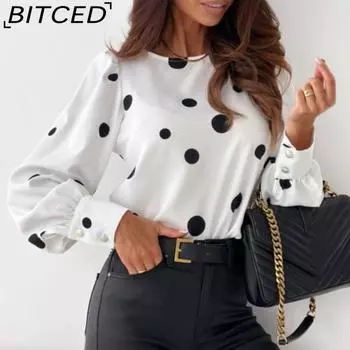 BITCED Женские осенние топы с длинным рукавом Рубашка с принтом Блузка S чёрный