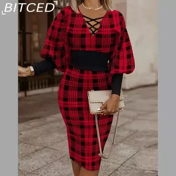 BITCED Женские платья осень-зима с длинным рукавом, V-образным вырезом, приталенной линией бедер S серый