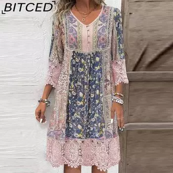 BITCED Женские платья весна/лето с винтажным принтом и кружевом S розовый