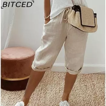 BITCED Женские повседневные брюки из хлопка и льна с карманами и эластичной резинкой Женские брюки 5 шт. S хаки