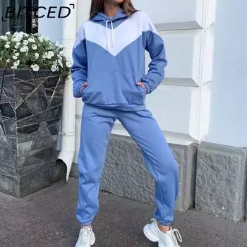 BITCED женские повседневные модные однотонные толстые брюки с капюшоном и длинными рукавами, комплект из двух предметов S темно-коричневого