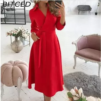 BITCED Женские весенне-летние модные платья с длинным рукавом и v-образным вырезом с принтом и запахом на бедрах