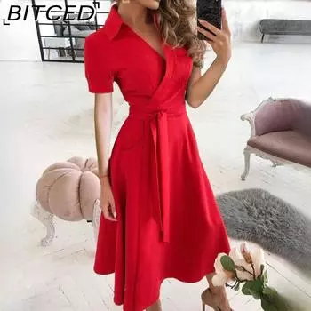 BITCED Женские весенне-летние модные платья с длинным рукавом и v-образным вырезом с принтом и запахом на бедрах
