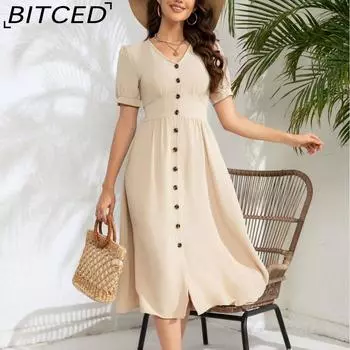 BITCED женские весенне-летние темпераментные и элегантные однотонные платья с пуговицами на талии S абрикосовый