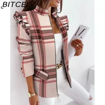 BITCED Женские винтажные повседневные куртки и пальто с решетчатым принтом, осенне-зимние куртки и пальто с длинными рукавами S