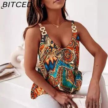 BITCED Женский летний жилет без рукавов с цепочкой и принтом на бретельках S оранжевый