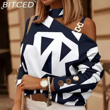 BITCED женский осенне-зимний топ с длинными рукавами и цепочкой на шее, украшенный пуговицами с принтом S чёрный/белый