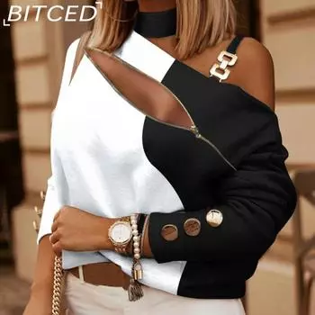 BITCED женский осенне-зимний топ с длинными рукавами и цепочкой на шее, украшенный пуговицами с принтом S бежевый