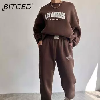 BITCED женский повседневный модный толстый костюм с принтом плюс флисовая толстовка с длинными рукавами, брючный костюм S абрикосовый