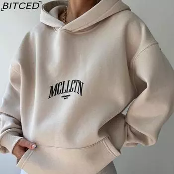 BITCED Женский повседневный модный топ с буквенным принтом и длинными рукавами, женская толстовка с капюшоном S хаки