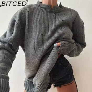 BITCED, женский ранний осенний новый свободный пуловер, женский свитер с круглым вырезом ручной работы S темно-серого
