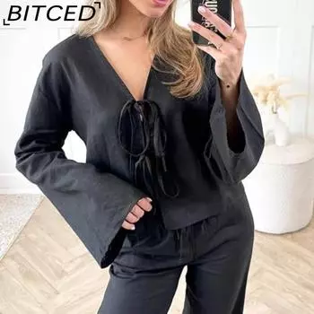 BITCED Женский топ с V-образным вырезом, расклешенными рукавами и завязками S белый