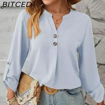 BITCED женский весенне-летний однотонный удобный дышащий повседневный топ с длинными рукавами и v-образным вырезом