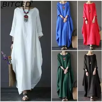 BITCED Женское длинное свободное летнее повседневное платье из льна и хлопка больших размеров L белый