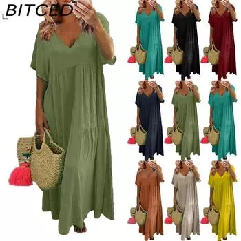 BITCED Женское летнее модное однотонное платье с V-образным вырезом больших размеров, свободное длинное повседневное платье с коротким рукавом S чёрный