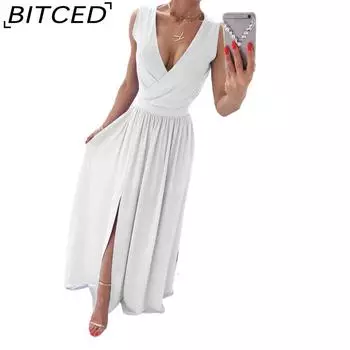 BITCED Женское летнее платье без рукавов с V-образным вырезом, однотонное платье S белый