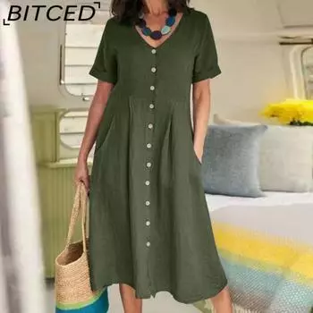 BITCED Женское летнее повседневное хлопковое платье с V-образным вырезом и коротким рукавом на пуговицах S белый