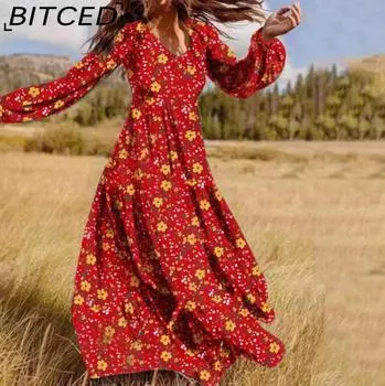 BITCED Женское мини-платье макси с оборками и цветочным принтом, повседневные платья с длинным рукавом и V-образным вырезом M красный