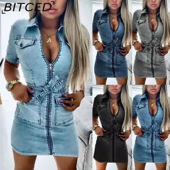 BITCED Женское модное джинсовое платье с коротким рукавом на молнии, лето-весна S чёрный