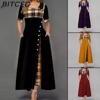 BITCED Женское модное повседневное платье макси с коротким рукавом и круглым вырезом в клетку с принтом на пуговицах больших размеров S чёрный